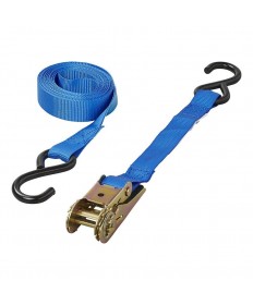 Sangle d'arrimage bleu avec tendeur à cliquet + 2 crochets 5 mètres